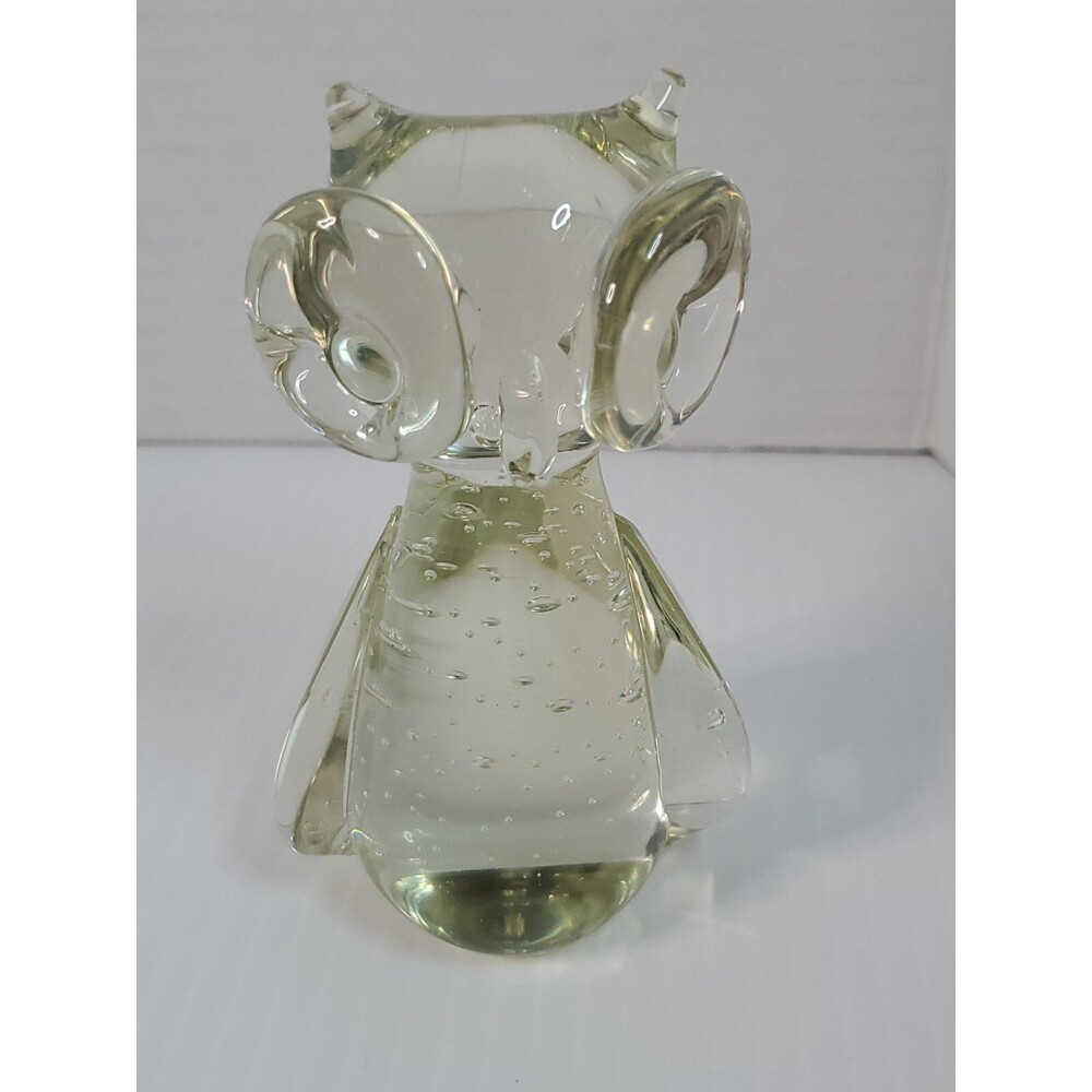 Vtg Art Glass Owl Paperweight w/ Controlled Bubbles Clear 4" MCM